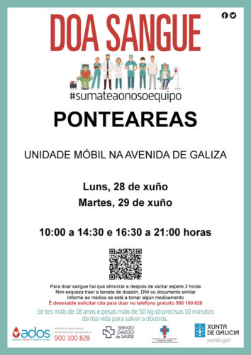 A unidade móbil de doazón de sangue estará os vindeiros 28 e 29 de xuño en Ponteareas