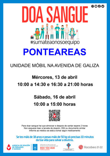 A unidade móbil de doazón de sangue visitará Ponteareas os vindeiros 13 e 16 de abril