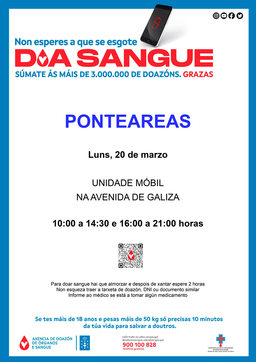 Unha unidade móbil da Axencia de Doazón de Sangue visitará Ponteareas o vindeiro luns 20 de marzo